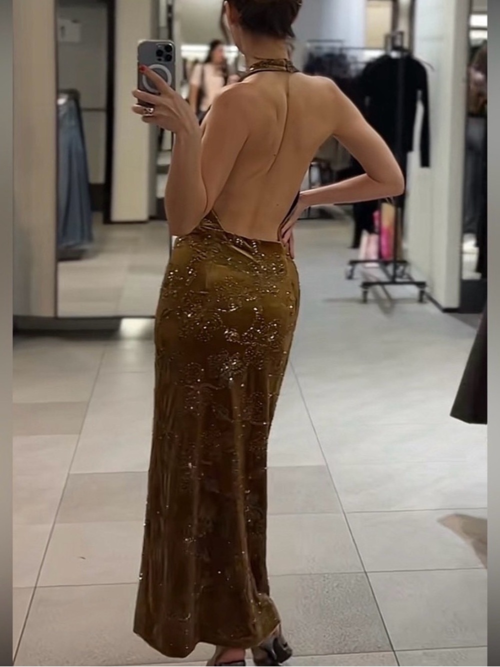 Zara Gold Halter Evening Halter Dress With High Slit